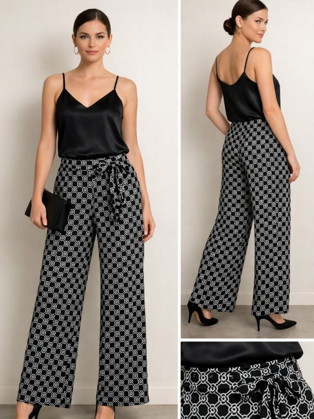 Chaus Black and White Geometric Wide Leg Flowy  Patterned Women's Pants Size M